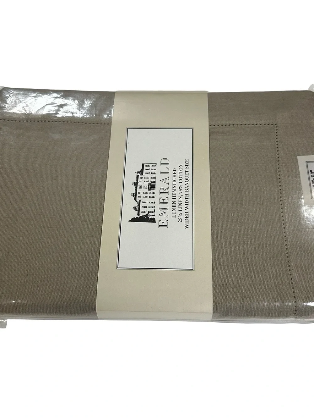 Emerald Linens Taupe Hemstitched Linen Cotton Tablecloth 70x90 Banquet Size NIP